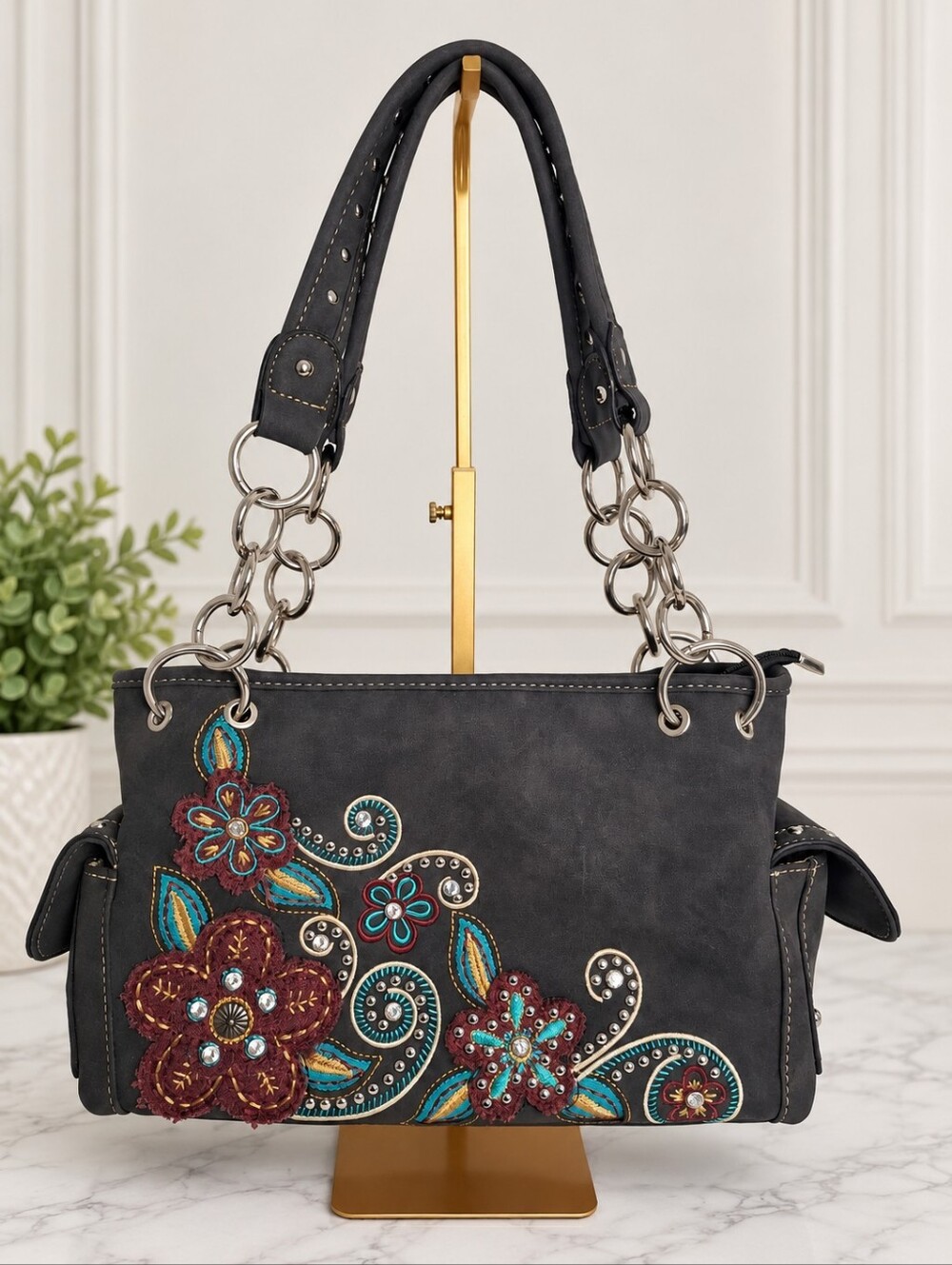Montana West 70s Retro Floral Studded Concealed Carry Shoulder Bag EUC Like New